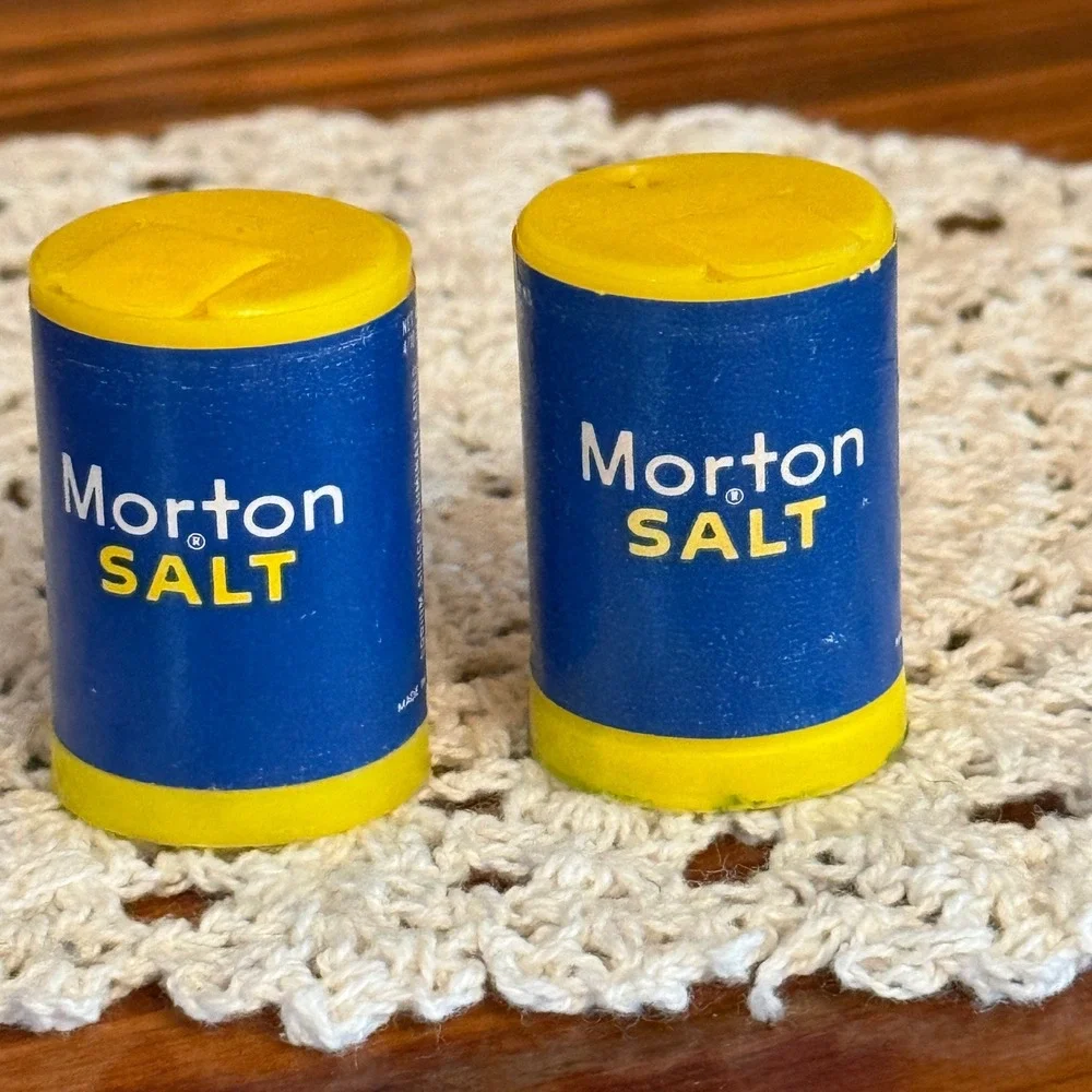 Morton Salt Miniature Shakers Set of 2 Blue Yellow Vintage 1.5in Advertising USA